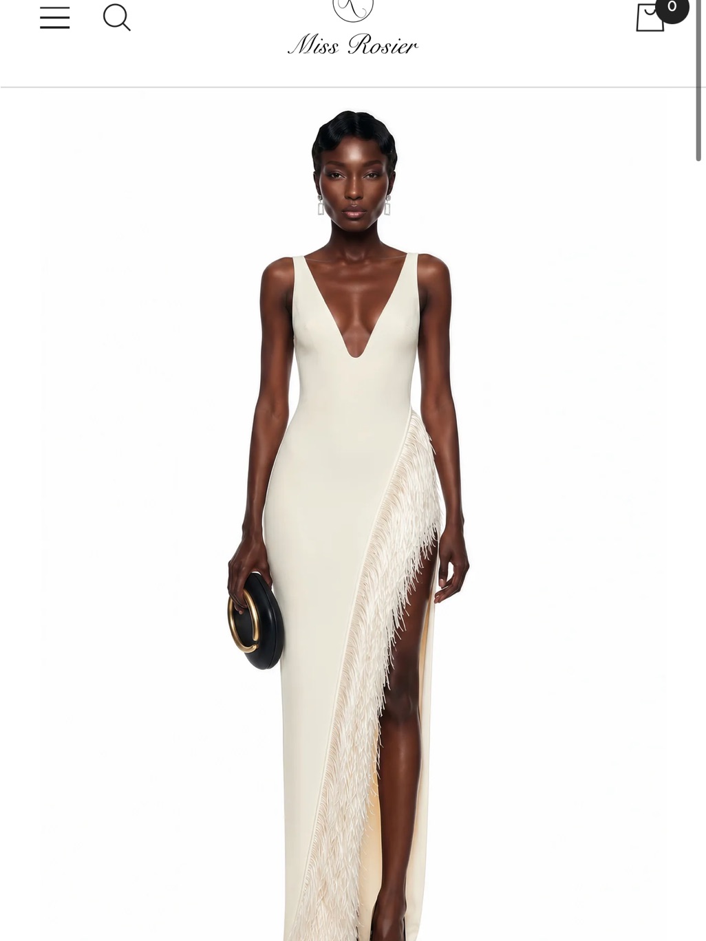 Miss Rosier Cream High-Low Feather-Trim V-Neck Dress — image 3 of 4